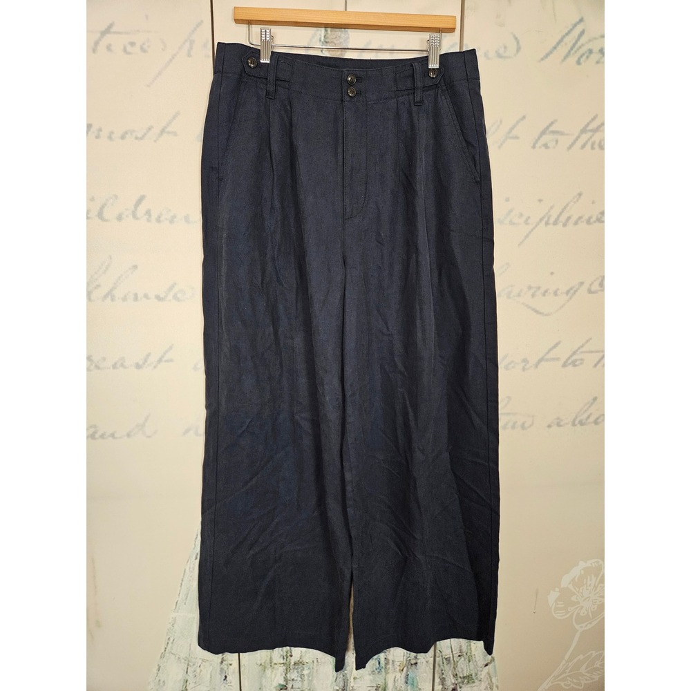 Madewell Harlow Wide-Leg Pant Navy Blue Pleated High Rise Linen Blend 12 CKP4820